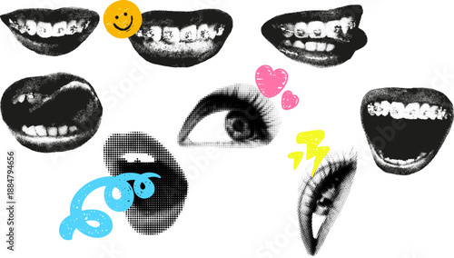 Punk Grunge Collage Vector, Halftone Lips and Eyes with Neon Pop Art Accents for Streetwear and Alternative Design