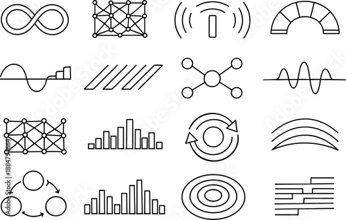Image Generation. Line style vector icons of sensory nostalgia: loop tile, propagation mesh, propagation bar, timing arc,