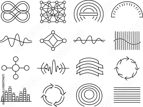 Image Generation. Line style vector icons of sensory nostalgia: loop tile, propagation mesh, propagation bar, timing arc,