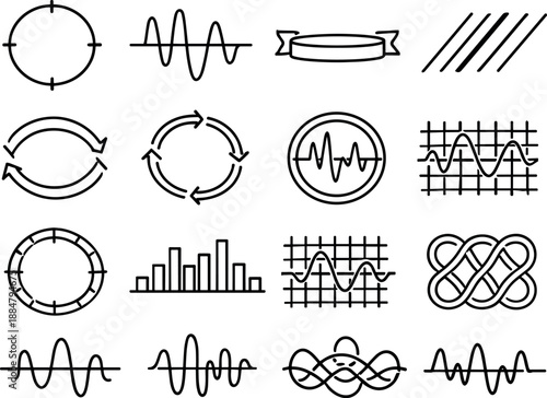 Image Generation. Line style vector icons of safety and quality control: interval ring, amplitude line, feedback band, signal