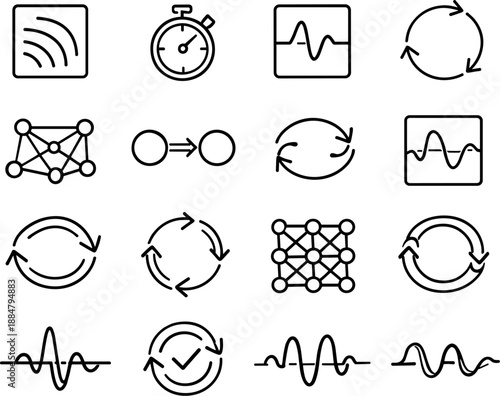 Minimalist App Interface Icons. Line style vector icons of mobile app navigation interface: signal tile, timing node, signal tile,