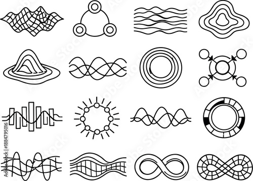 Image Generation. Line style vector icons of data visualization heatmaps and grids: amplitude mesh, cycle node, amplitude stripe,