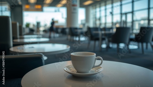 Coffee Cup on Table in Modern Lounge Area With Large Windows and Distant Peop...