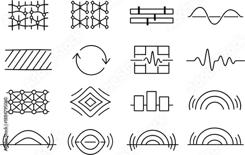 Image Generation. Line style vector icons of project planning workflow resource planning: rhythm mesh, variation mesh, sync bar,