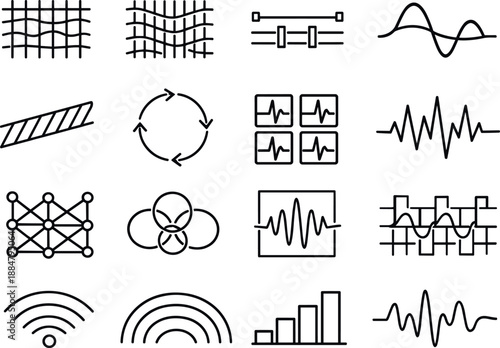 Image Generation. Line style vector icons of project planning workflow resource planning: rhythm mesh, variation mesh, sync bar,
