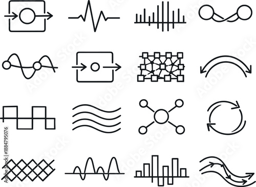 Image Generation. Line style vector icons of remote work office workspace setup: feedback node, pulse band, amplitude tile, phase