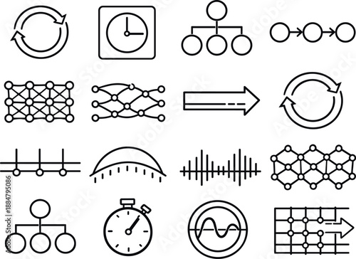Image Generation. Line style vector icons of remote work office security and access: cycle bar, timing tile, flow node, flow node,