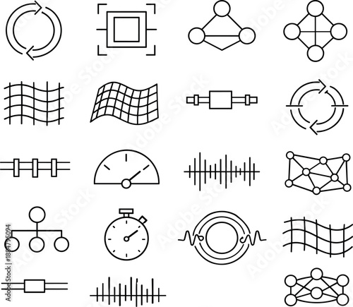 Image Generation. Line style vector icons of remote work office security and access: cycle bar, timing tile, flow node, flow node,