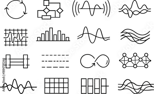 Image Generation. Line style vector icons of coding programming object oriented symbols: feedback line, flow line, resonance band,
