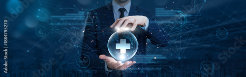 Quadro su tela Businessman hand hold healthcare on digital interface and global network