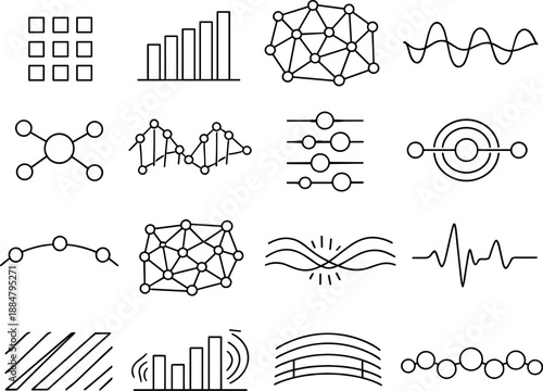 Startup Icon Grid. Line style vector icons of startup business launch product development: amplitude tile, rhythm bar, resonance