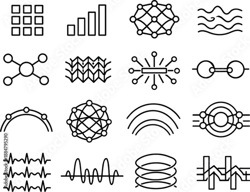 Startup Icon Grid. Line style vector icons of startup business launch product development: amplitude tile, rhythm bar, resonance