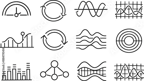 Image Generation. Line style vector icons of calendar schedule planner analytics and optimization: timing arc, transition ring,