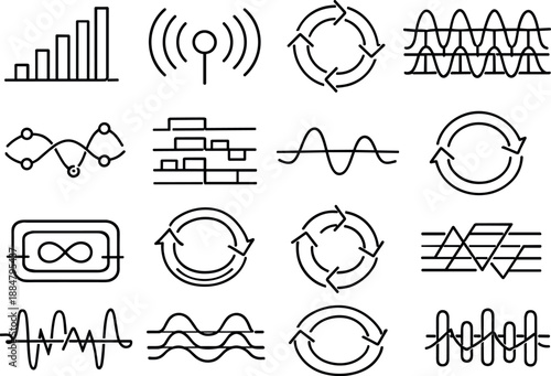 Image Generation. Line style vector icons of file folder system organization and sorting: signal tile, propagation contour, cycle