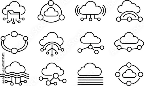 Image Generation. Line style vector icons of cloud data storage file management: pattern contour, cycle node, resonance line,