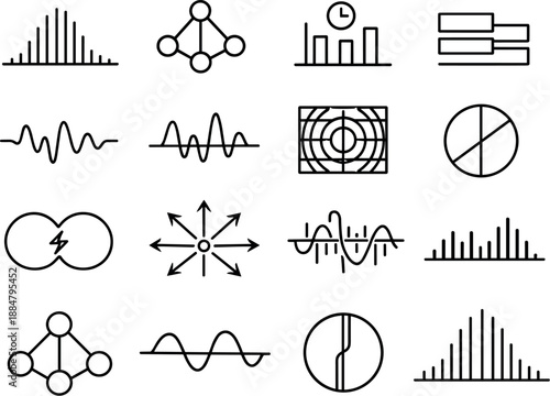 Image Generation. Line style vector icons of cloud data storage analytics and monitoring: frequency contour, pattern node, timing