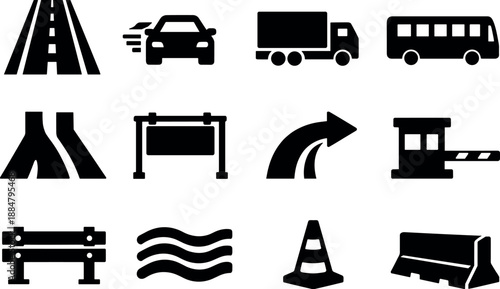 Image Generation. Solid vector icons of busy highway: multi-lane road, speeding car, cargo truck, passing bus, merging lane,