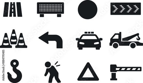 Image Generation. Solid vector icons of traffic management: lane divider, dynamic sign panel, variable speed indicator (no text),