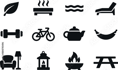 Image Generation. Solid vector icons of amenities: spa leaf outline, sauna tile, pool ripple arc, lounge chair line, gym dumbbell