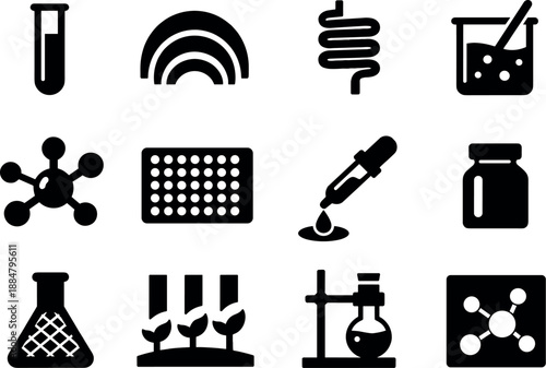 Image Generation. Solid vector icons of laboratory creation: test tube outline, chromatography arc (abstract), distillation coil