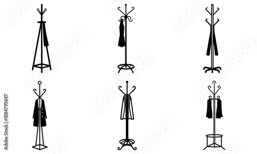 Various clothing racks with garments standing alone in a minimalist setting viewed from the front