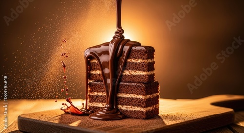 Decadent Chocolate Layer Cake with Dripping Ganache on Rustic Wooden Board