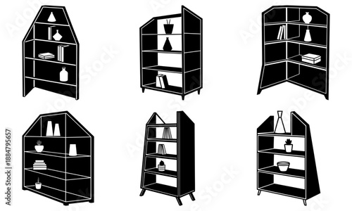 Collection of modern black shelving units with various decorative items displayed from different viewpoints
