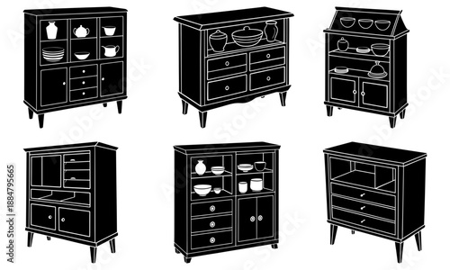 Collection of various kitchen cabinets with different designs and storage options displayed from a front viewpoint