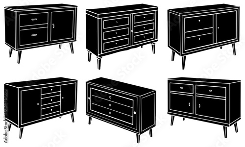 Various modern furniture designs for bedroom dressers and storage units displayed from a front viewpoint