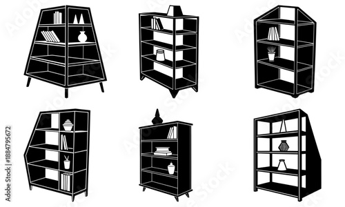 Various black shelving units with geometric shapes and decorative items displayed on shelves from a front viewpoint
