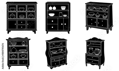 Black kitchen furniture set with various cabinet styles and dishware viewed from the front