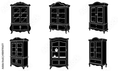 Collection of antique furniture display cabinets with intricate carvings and ornate details in a minimalist setting