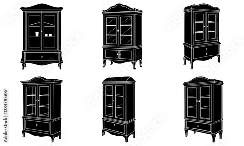 Collection of six black wooden display cabinets standing upright on legs in a grid pattern