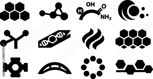 Image Generation. Solid vector icons of pheromone structures: ring scaffold tile, small molecule outline, functional group arc,