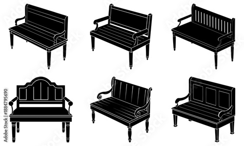 Collection of six different black and white illustrations of benches with unique designs and armrests on a white background