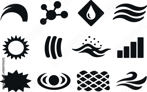 Image Generation. Solid vector icons of fear scent signals: subtle plume arc, pheromone node, stress droplet tile, fleeing wave