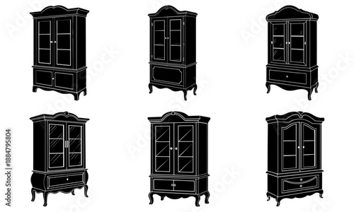 Six antique black wooden display cabinets with glass doors and ornate details arranged in two rows against a plain white background