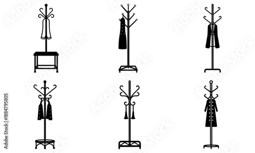Illustration of various coat racks with clothes hanging from them, viewed from the front.