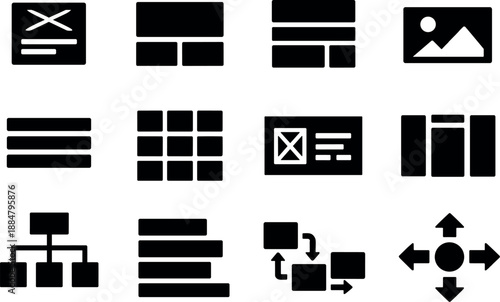Image Generation. Solid vector icons of user experience wireframing design: low fidelity wireframe, screen layout, content blocks,