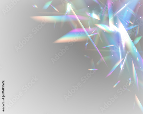 Neon rainbow prism bends light through diamond crystal glass. PNG vector lens captures glare, sparkle, bokeh, flare effect across holographic glitter spectrum. Prism reflections enhance radiant magic.