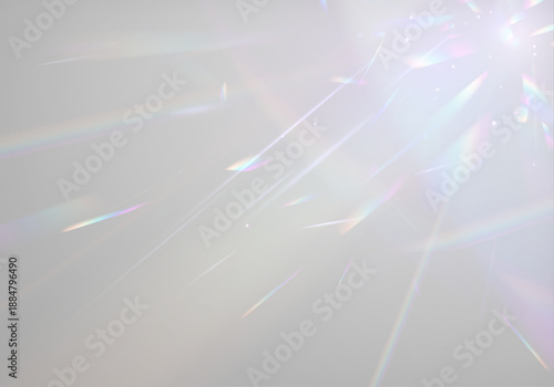 Crystal glass prism bends rainbow light into diamond sparkles. PNG vector lens flare captures glare effect while neon glitter bokeh enhances reflections. Prism glow brightens holographic spectrum.