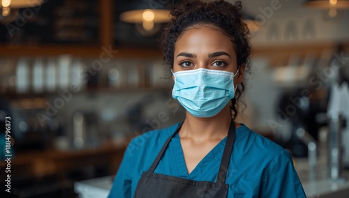 Healthcare Worker in a Medical Setting Looks at the Camera While Wearing a Ma...