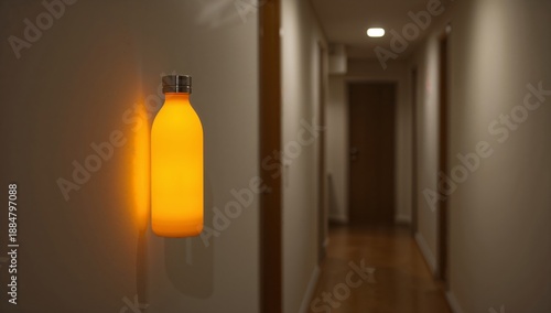 Lighted Bottle on Wall in Hallway Creating Warm Glow at Night
