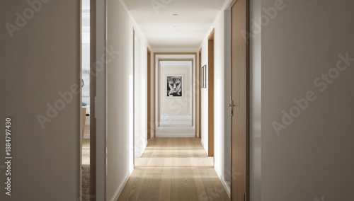 Long Hallway With Wooden Doors and Artwork on the Wall