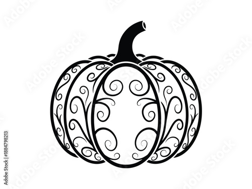 Elegant black and white pumpkin design with intricate floral patterns and swirls.