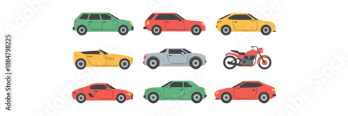 Collection of various motor vehicles including cars suvs convertibles and motorcycle isolated on white background graphic illustration