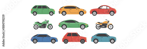 Colorful collection of modern hatchback cars and urban motorcycles in various side view profiles featuring green yellow red blue and teal vehicles for city transport and commuting concepts