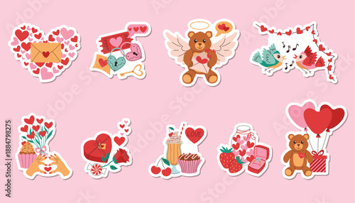 Bright still life stickers set featuring rose, songbird, gift box with heart balloons, milkshake, cupcake, strawberry, cherry and heart letter arranged in cute compositions.