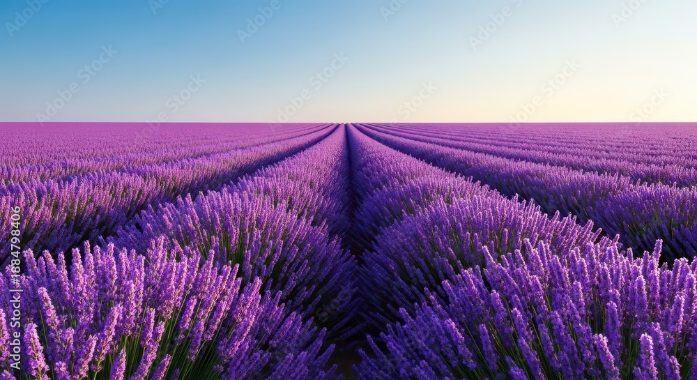 Obraz premium Expansive purple lavender blossoms stretching towards the horizon on a sunny summer day, symbolizing peace and natural beauty, bloom, serene, hillside