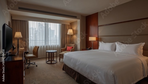 Modern Hotel Room With a View of City Buildings and a Cozy Seating Area